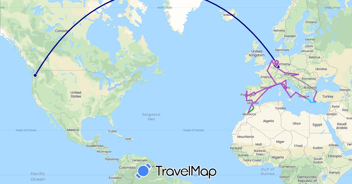 TravelMap itinerary: driving, bus, plane, train, boat in Austria, Germany, Spain, France, Greece, Hungary, Italy, Morocco, Monaco, Netherlands, Portugal, Turkey, United States, Vatican City (Africa, Asia, Europe, North America)